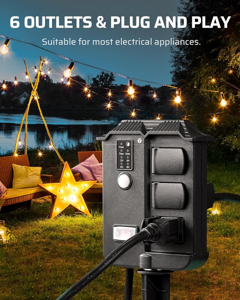 DEWENWILS Outdoor Power Stake Timer Waterproof, 6 Grounded Outlets, 6FT Extension Cord, 100FT Wireless Remote Control, Photocell Dusk to Dawn Timer for Lights, Yard, Garden, UL Listed - Image 4